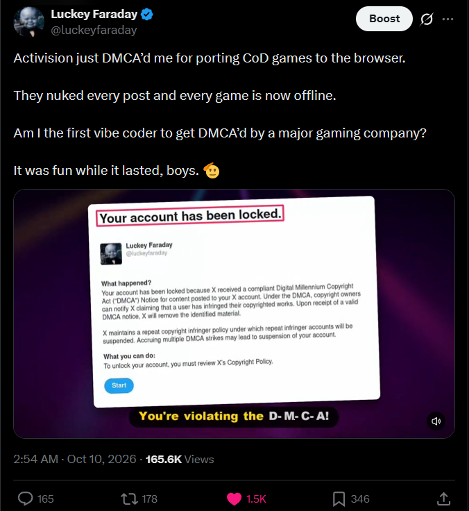 Luckey Faraday on X: Activision just DMCA'd me for porting CoD games to the browser. They nuked every post and every game is now offline.